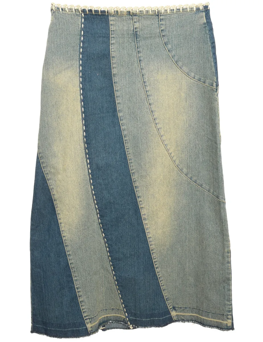 1990s Denim & Crochet Maxi Skirt - L