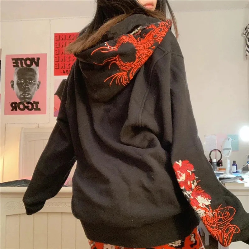 2000s Fairy Grunge Skull Print Long Sleeve Hooded Y2K Aesthetic Oversize Hoody