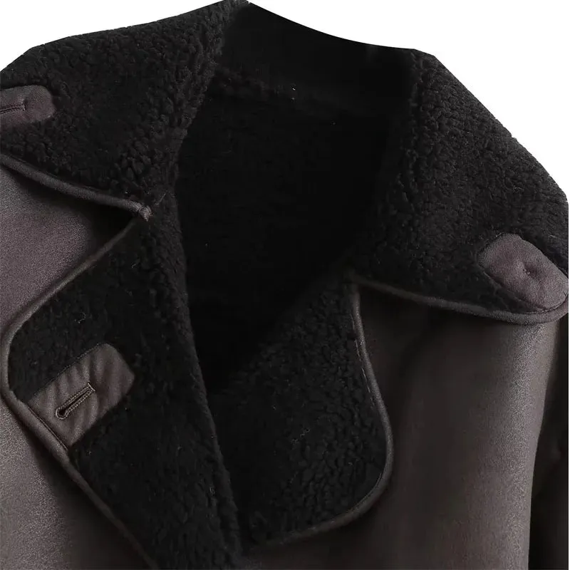 2024 Thick Faux Leather Autumn Winter Warm Wool Blends Demi-season Plush Jacket