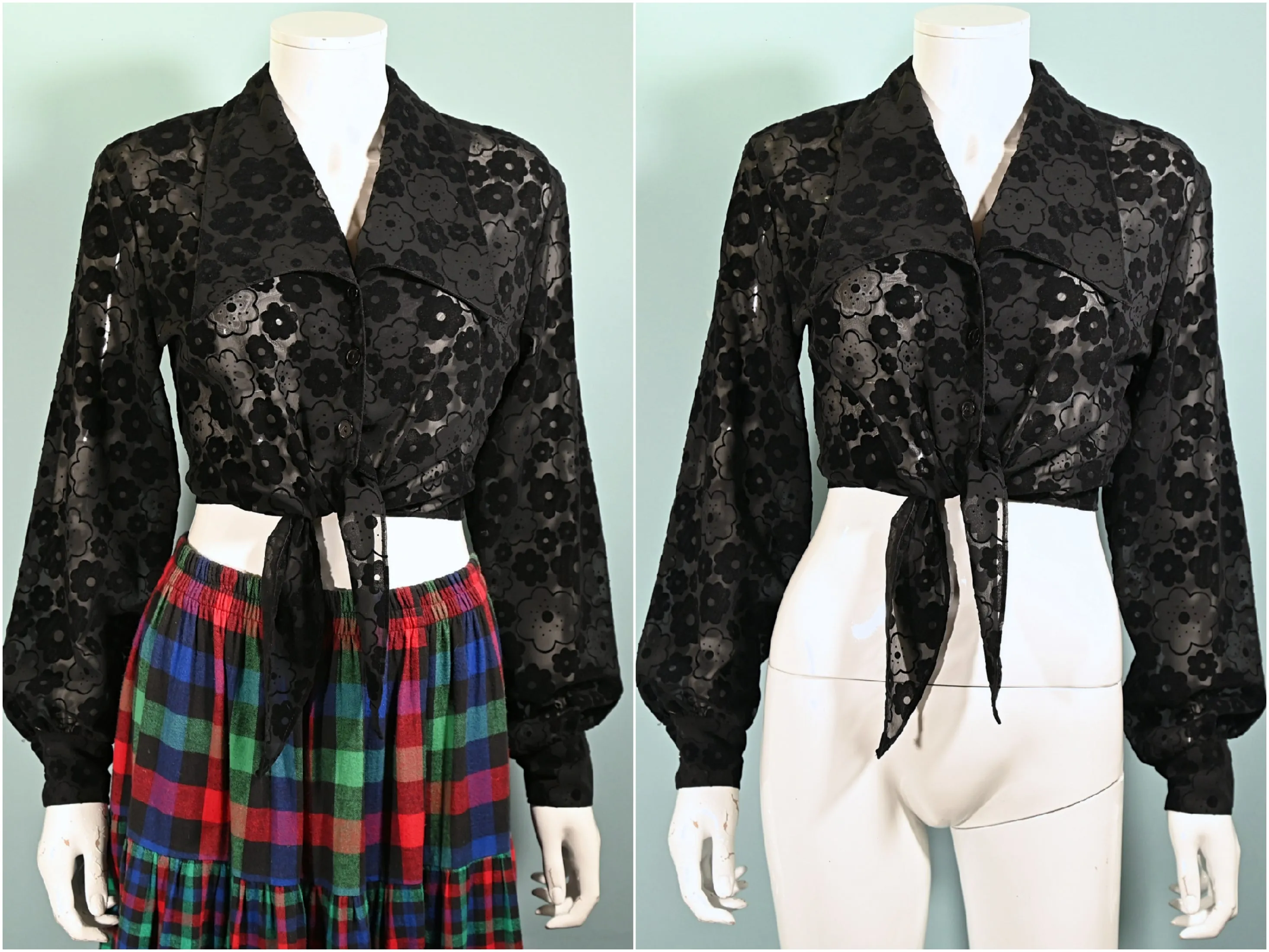 90s Black Sheer Flower Power Cropped Blouse, 70s Style Ties at Waist S