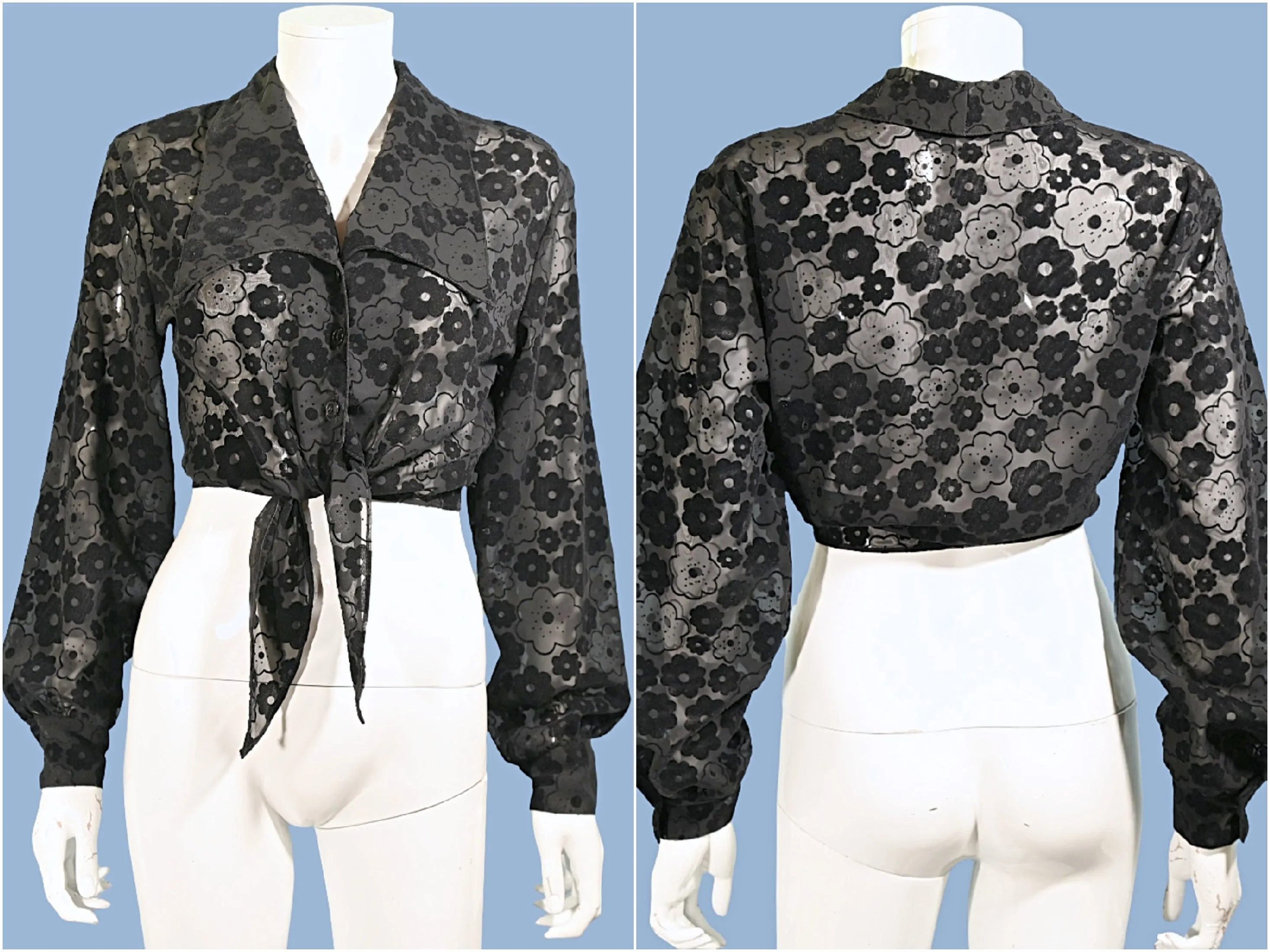 90s Black Sheer Flower Power Cropped Blouse, 70s Style Ties at Waist S