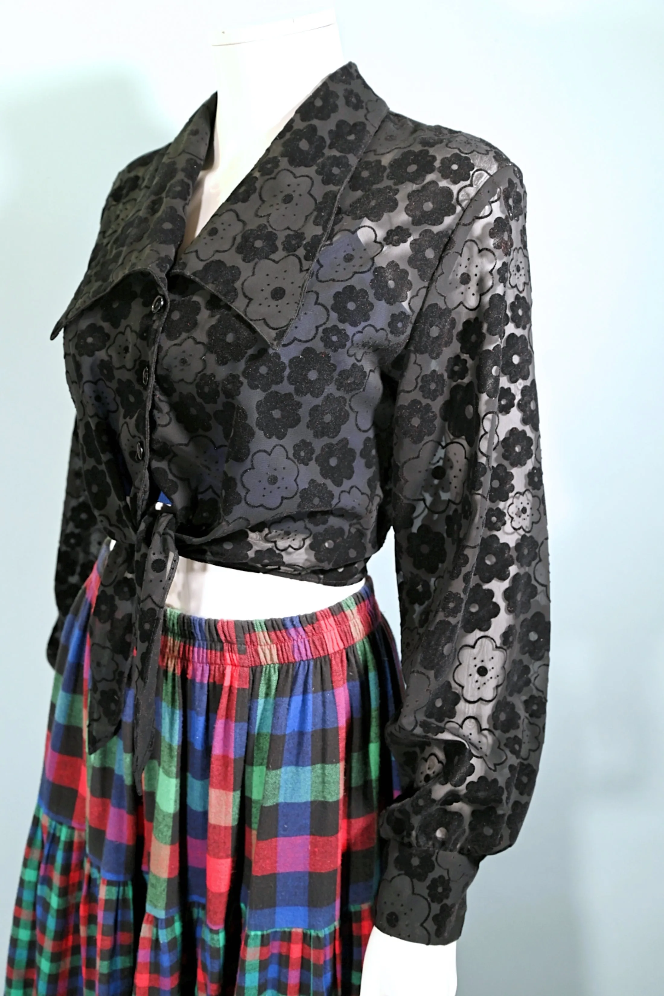 90s Black Sheer Flower Power Cropped Blouse, 70s Style Ties at Waist S