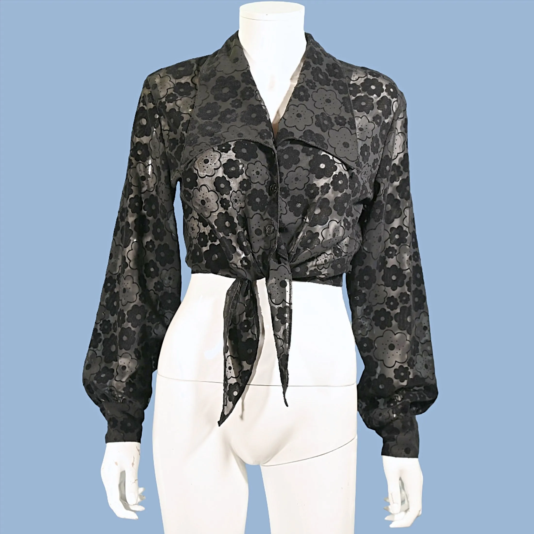 90s Black Sheer Flower Power Cropped Blouse, 70s Style Ties at Waist S