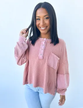 A Heart Like Mine Terry Knit Henley Top in Dusty Rose