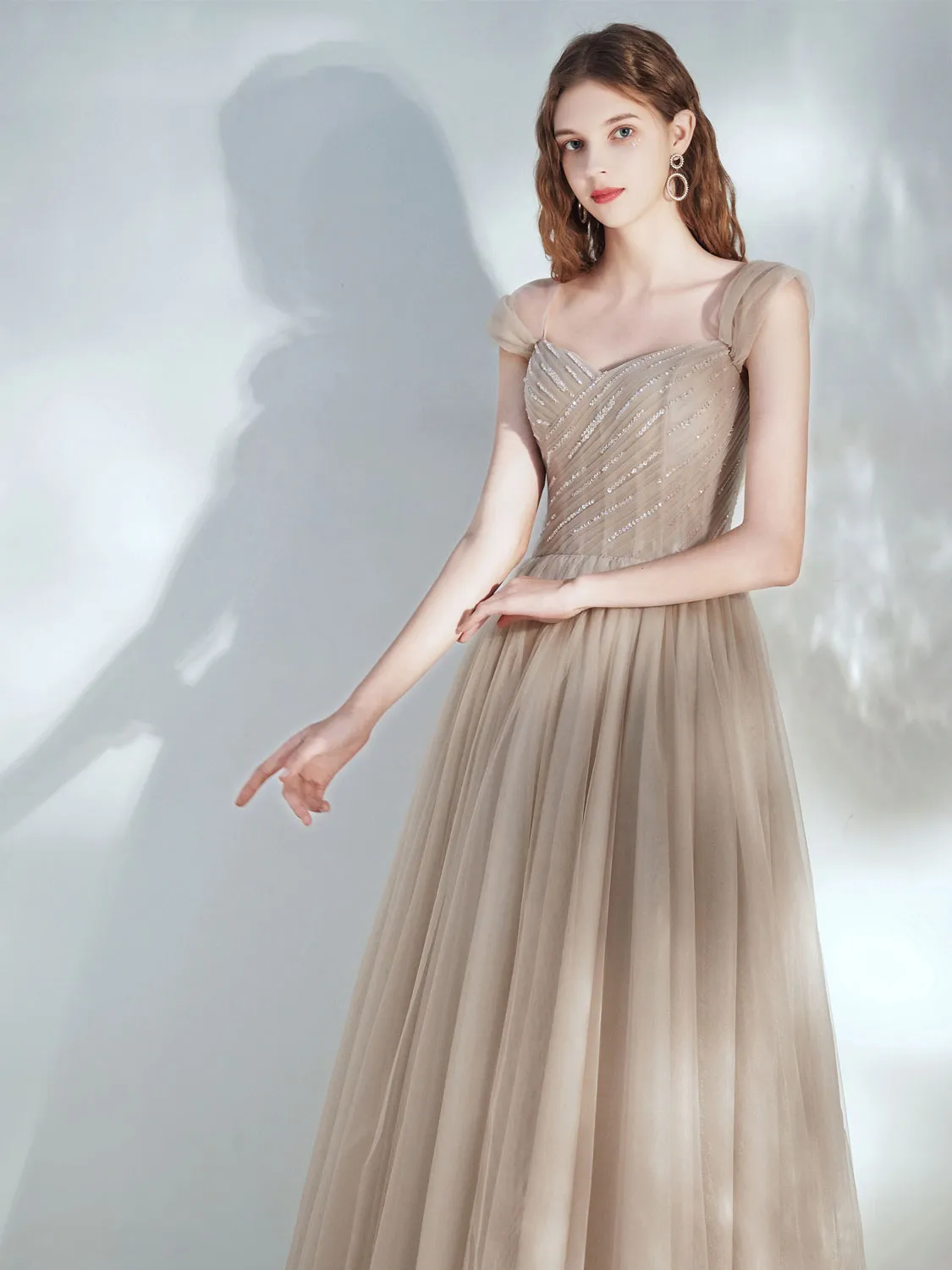 A-Line Tulle Champagne Long Prom Dress, Champagne Formal Dresses