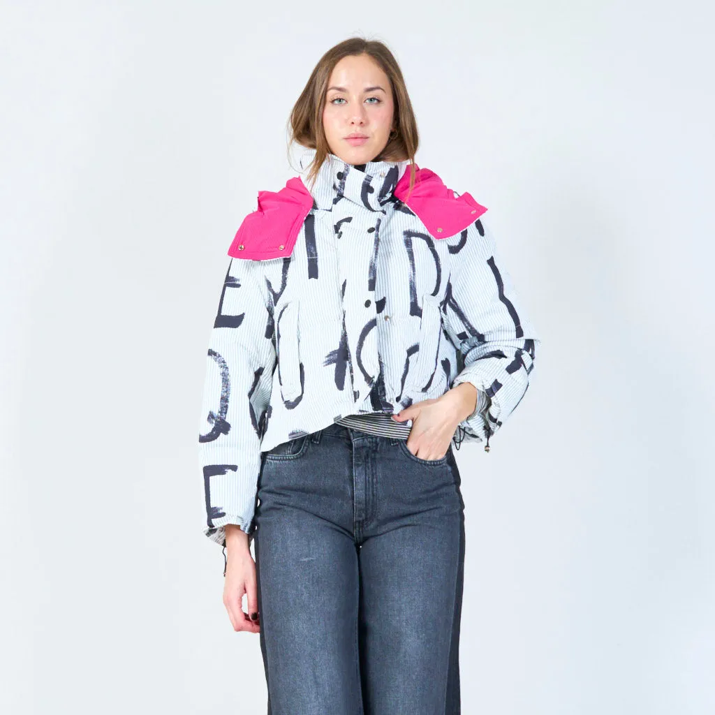 Abstract print cropped puffer jacket wholesale