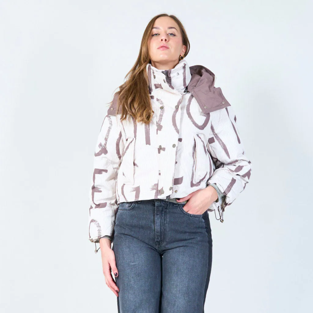 Abstract print cropped puffer jacket wholesale