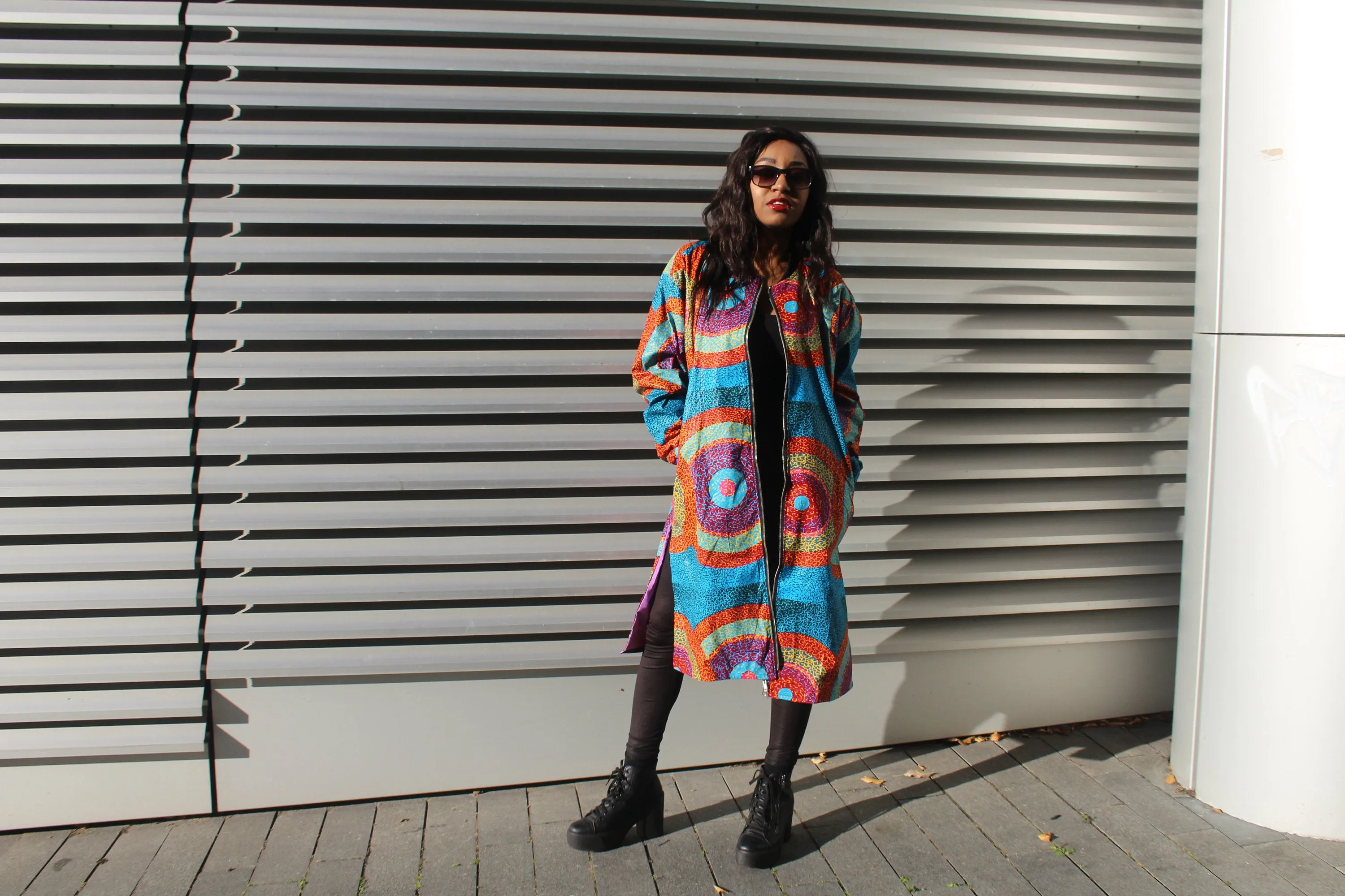 African Trench Coat in Blue Ankara Print - Festival Coat