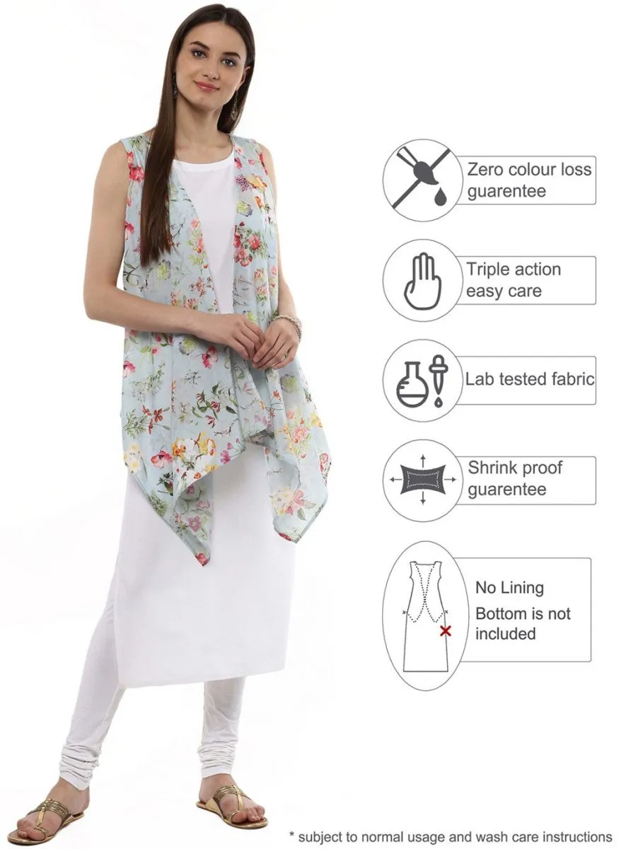 Ahalyaa White & Blue Floral Scarf Cape Attached Straight Kurta