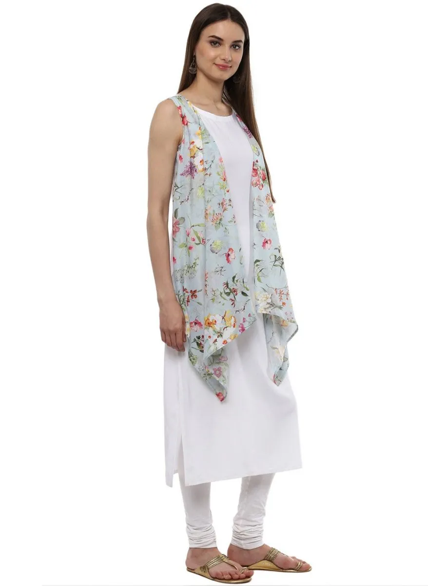 Ahalyaa White & Blue Floral Scarf Cape Attached Straight Kurta