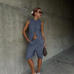 All Match Women Clothing Two Piece Summer Neutral Minimalist Blue Sleeveless Waistcoat Vest Set