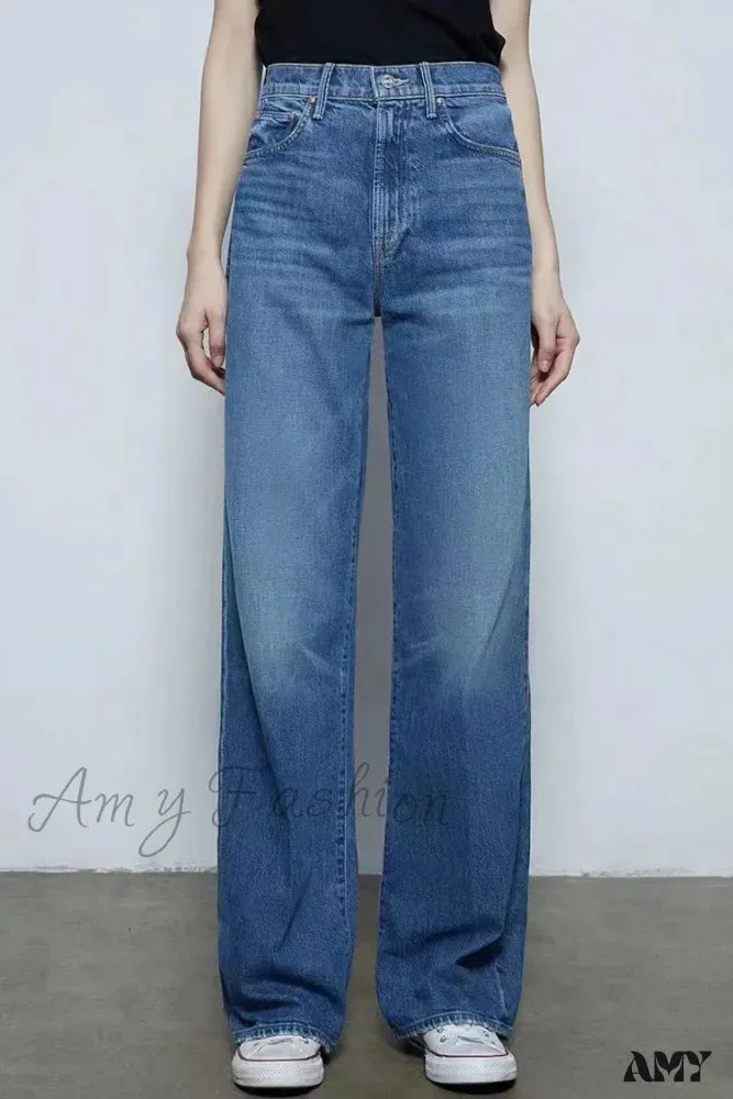 Amy Fashion - 2024 New High-waisted Wide-leg Straight Women Solid-color Embroidered Letter Denim Long Jean