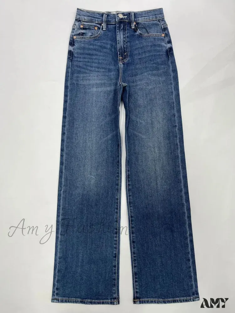 Amy Fashion - 2024 New High-waisted Wide-leg Straight Women Solid-color Embroidered Letter Denim Long Jean