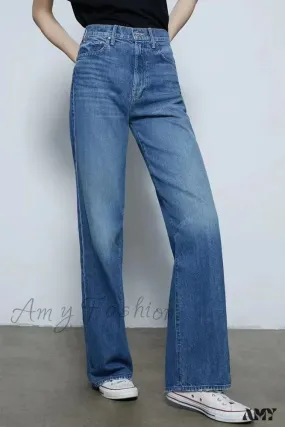 Amy Fashion - 2024 New High-waisted Wide-leg Straight Women Solid-color Embroidered Letter Denim Long Jean