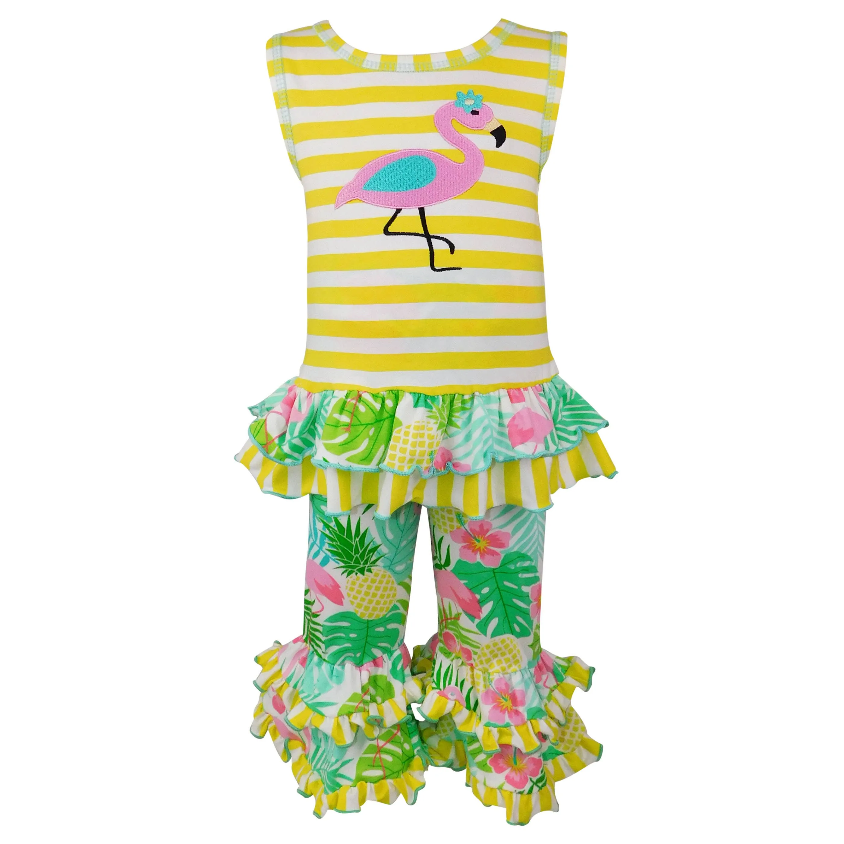 AnnLoren Tropical Flamingo Palm Tree Tunic & Ruffle Capris