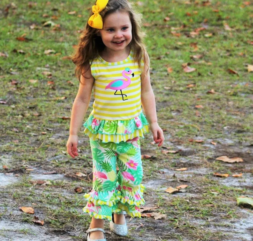 AnnLoren Tropical Flamingo Palm Tree Tunic & Ruffle Capris