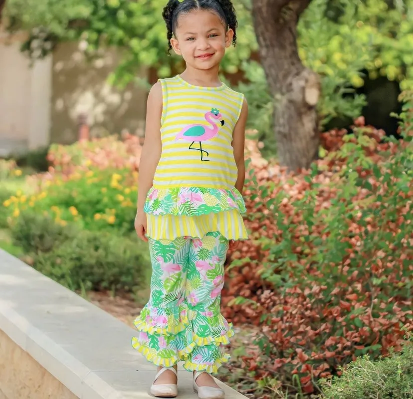 AnnLoren Tropical Flamingo Palm Tree Tunic & Ruffle Capris