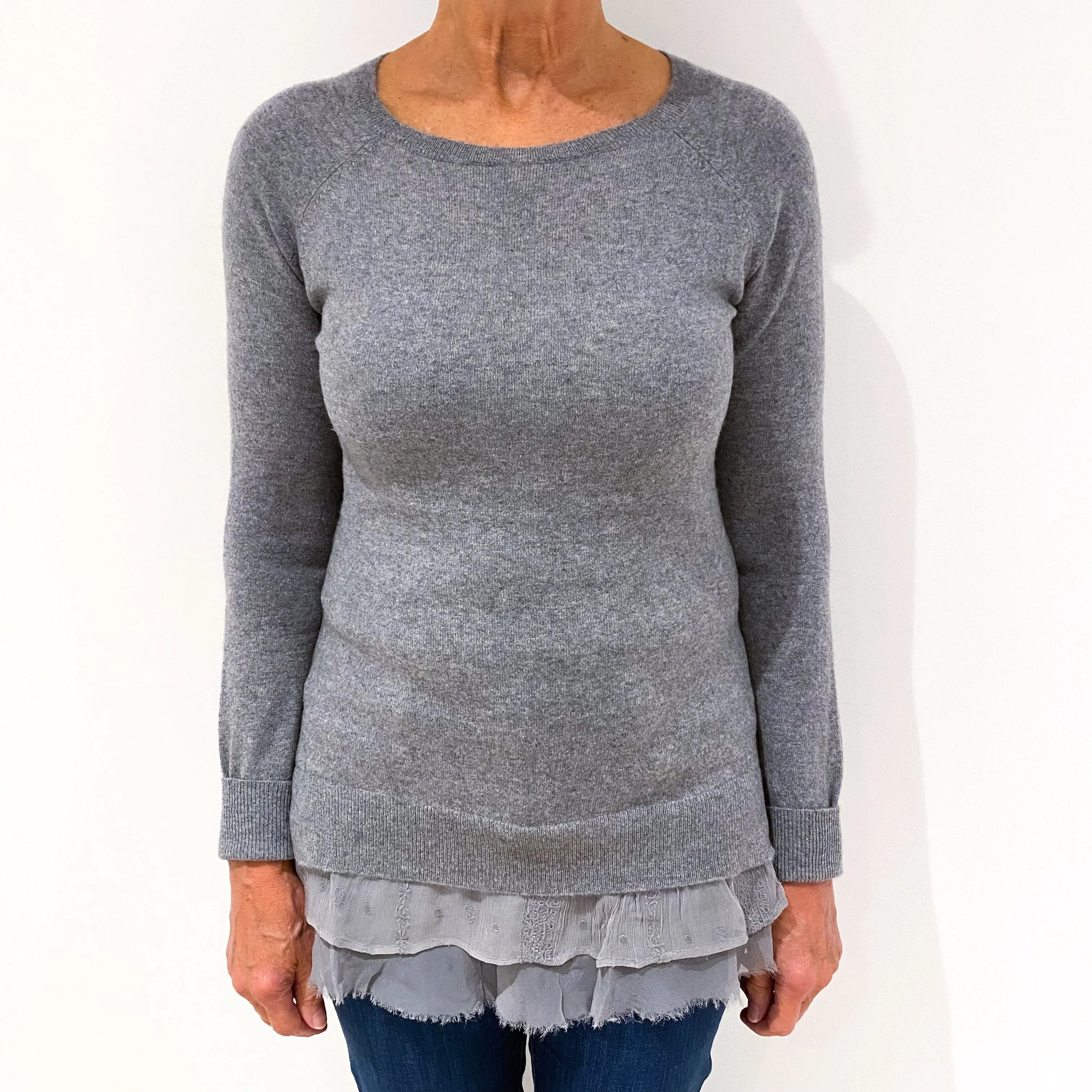 Ash Grey Chiffon Trim Cashmere Crew Neck Jumper Medium