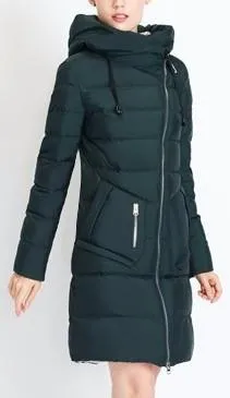 Asymmetric Zip Puffer Down Coat in Dark Green