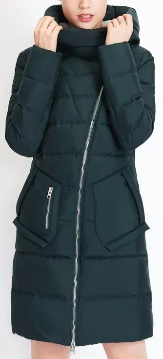 Asymmetric Zip Puffer Down Coat in Dark Green