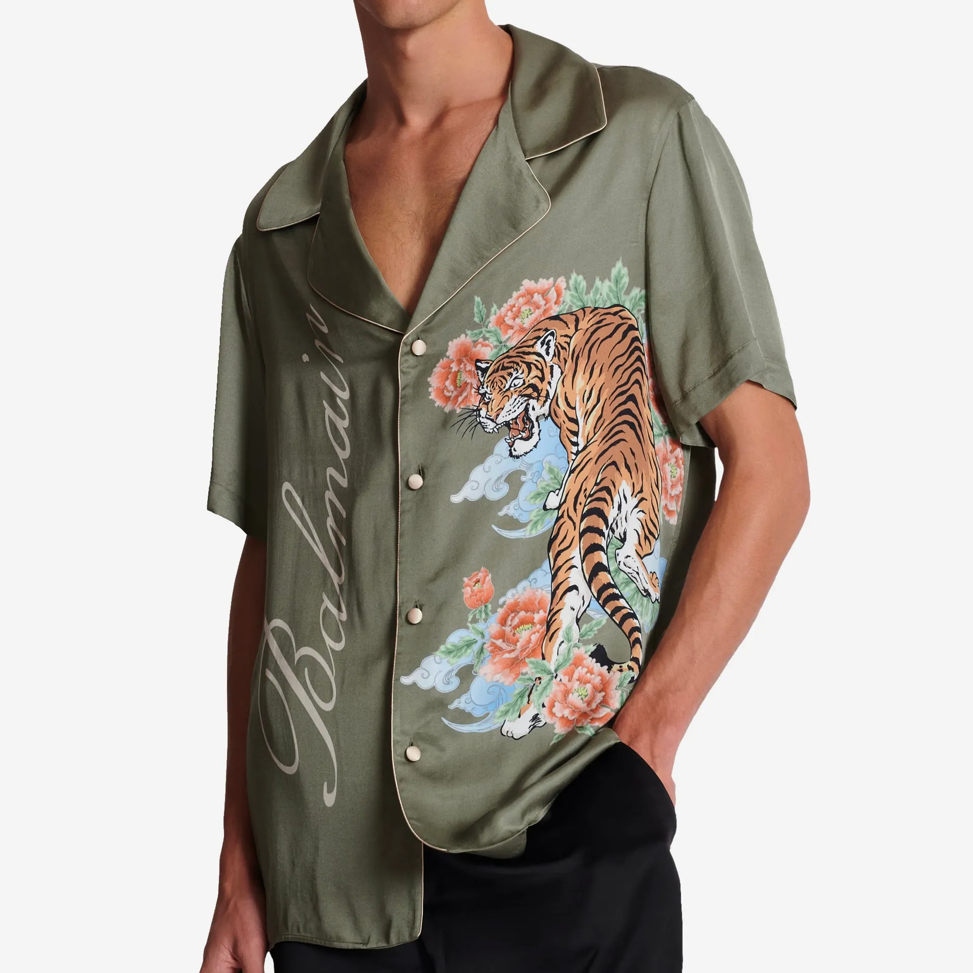 Balmain Short-Sleeved Satin Tiger Print Shirt