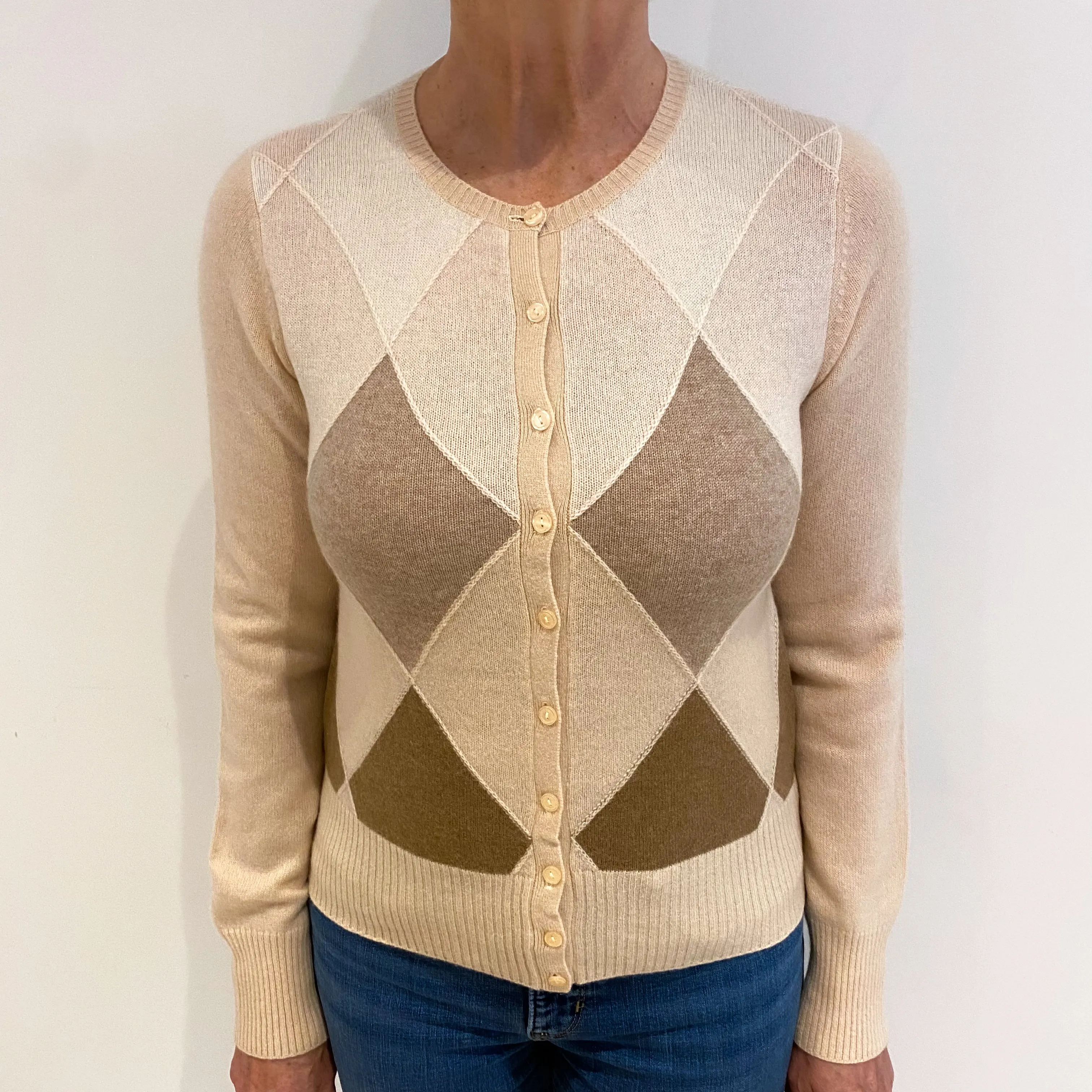 Beige and Brown Diamond Cashmere Crew Neck Cardigan Medium