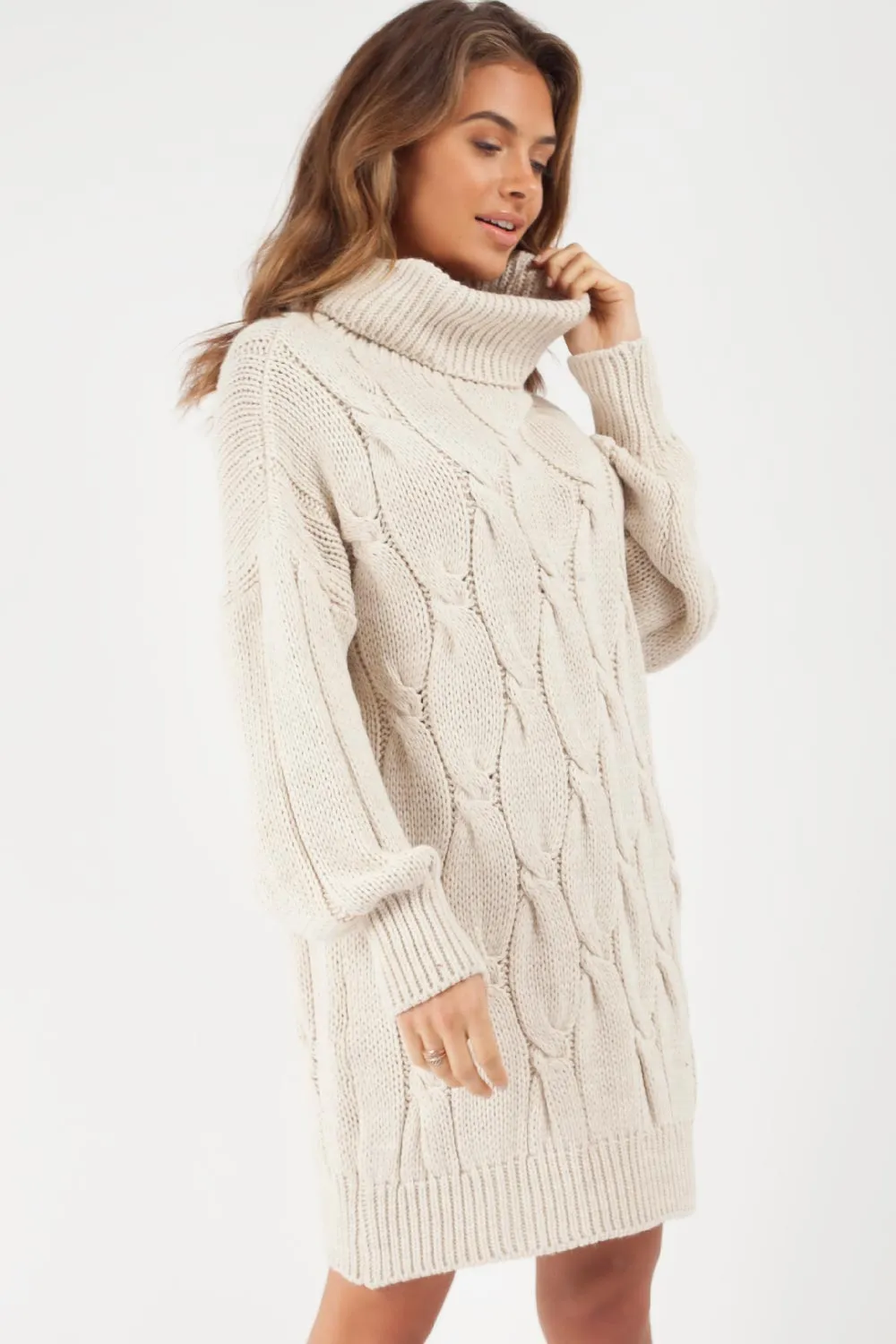 Beige Cowl Neck Cable Knit Oversized Jumper Dress