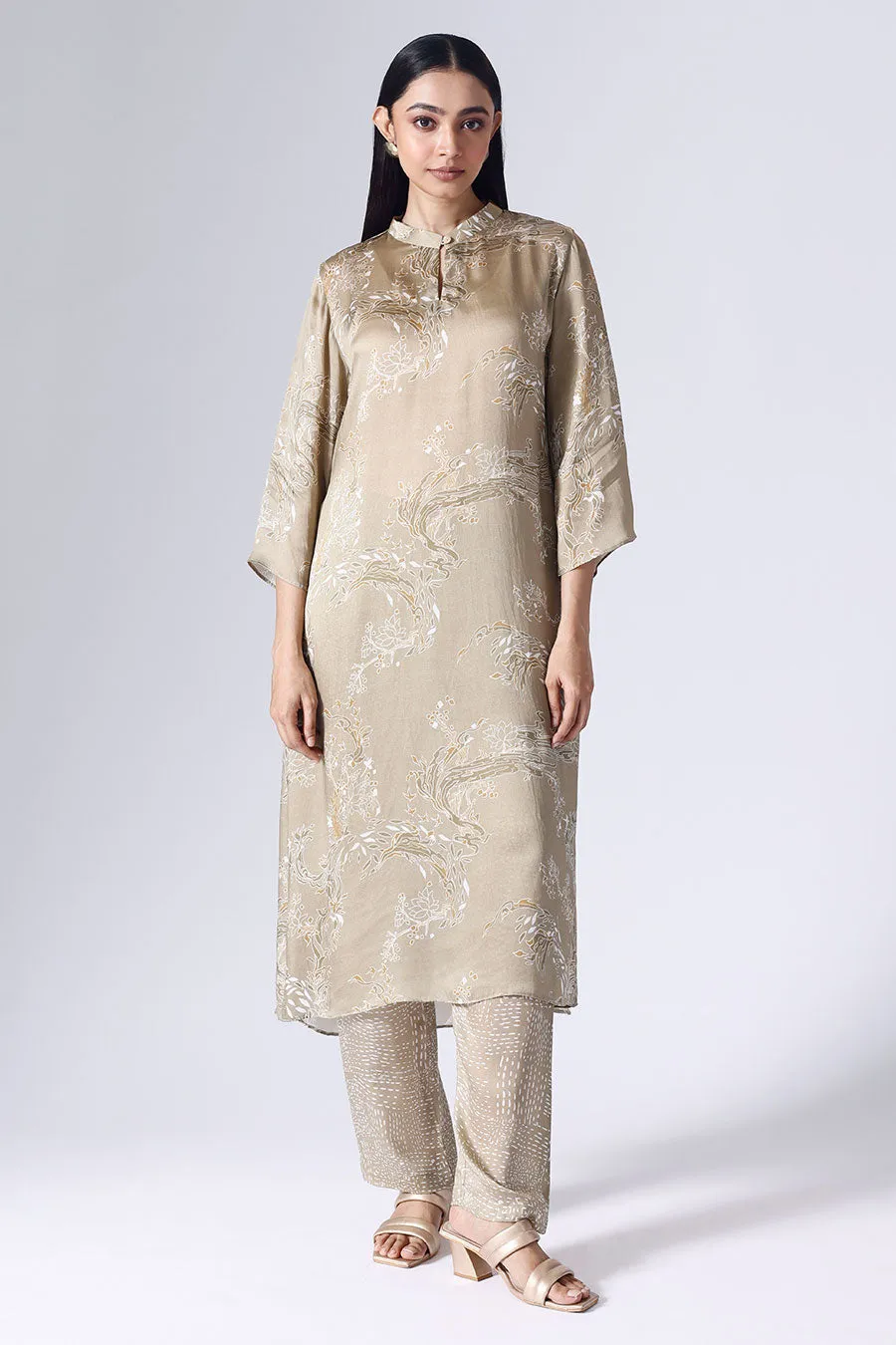 Beige Lotus Long Tunic & Pant Set