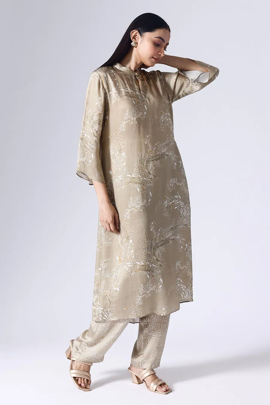 Beige Lotus Long Tunic & Pant Set