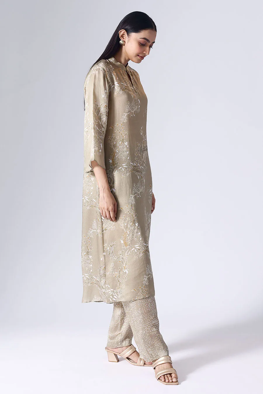 Beige Lotus Long Tunic & Pant Set