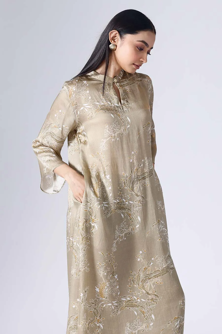 Beige Lotus Long Tunic & Pant Set