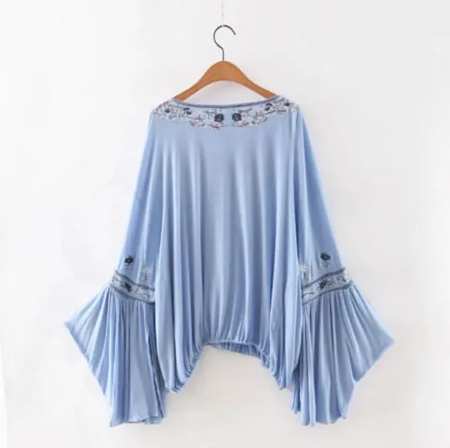 Bell Sleeve Boho Top "Siren Song" Light Blue Embroidered Peasant Top With Tassels Sizes Small Medium Or Large