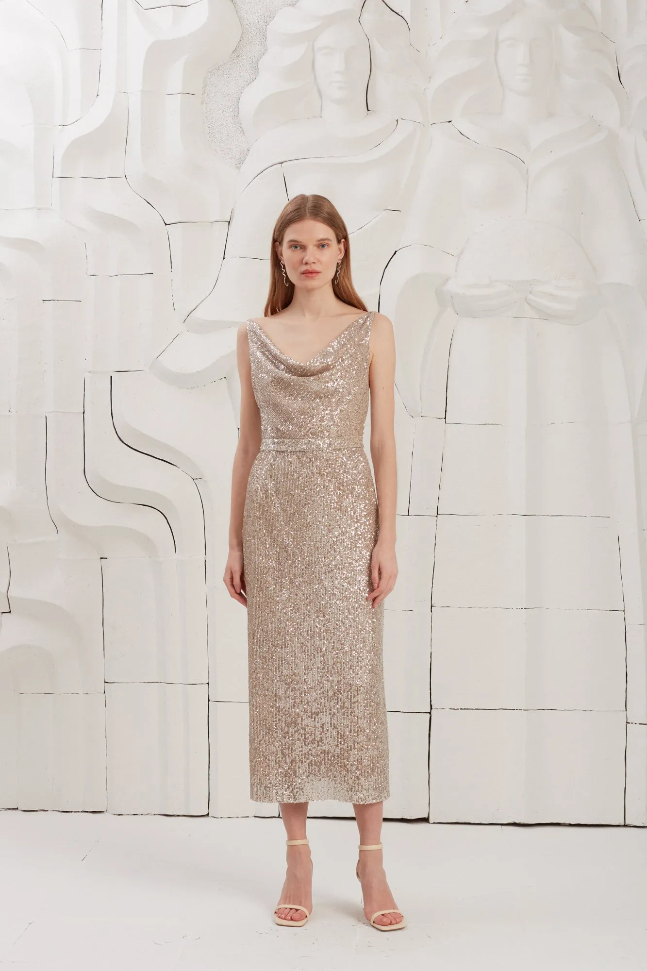 BERTA silver sequin draped front dress