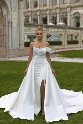 Biztunnel Fabulous Long Mermaid One Shoulder Chapel Train Satin Wedding Dress with Ruffles