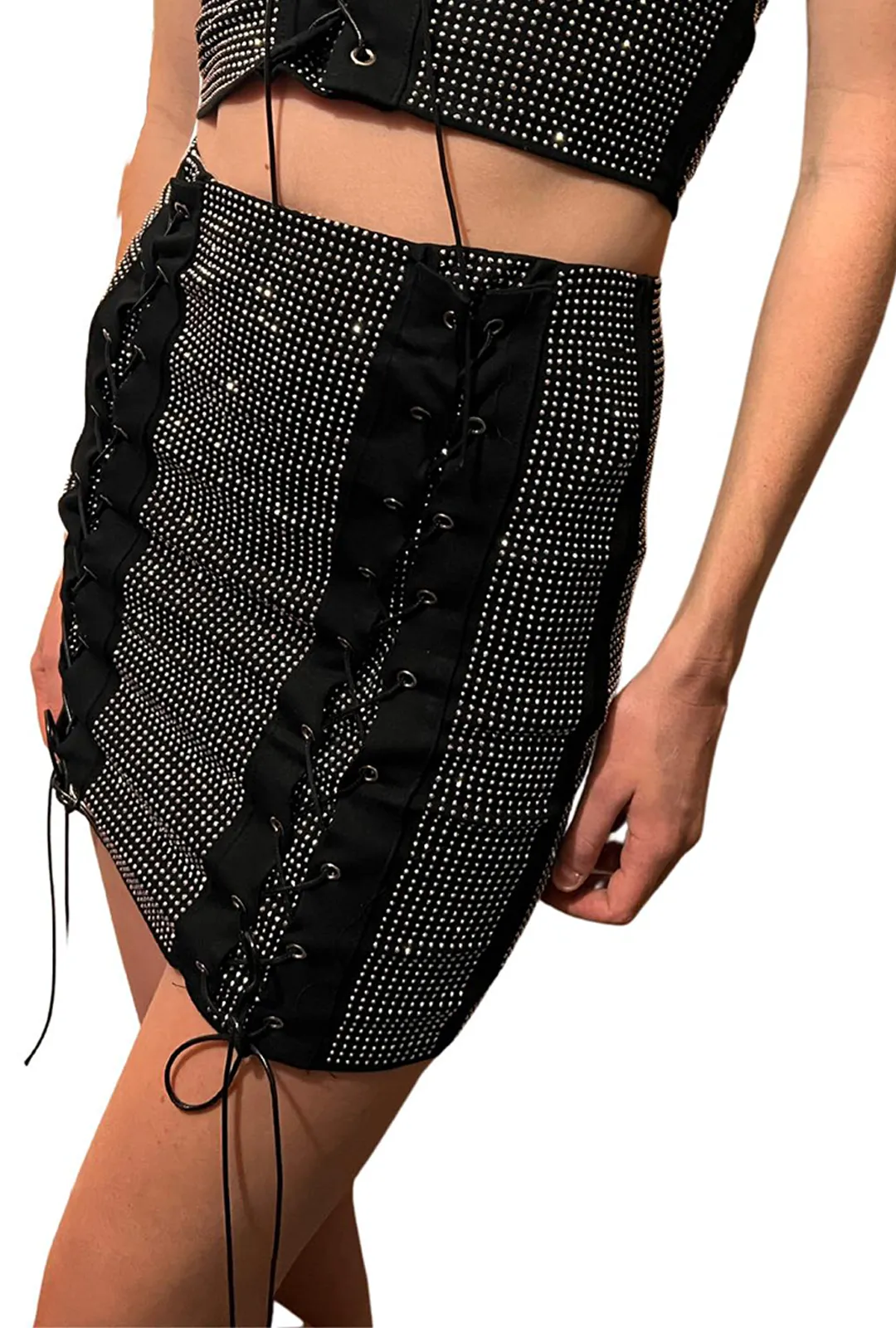 Black & Silver Rhinestone Lace-Up Skirt