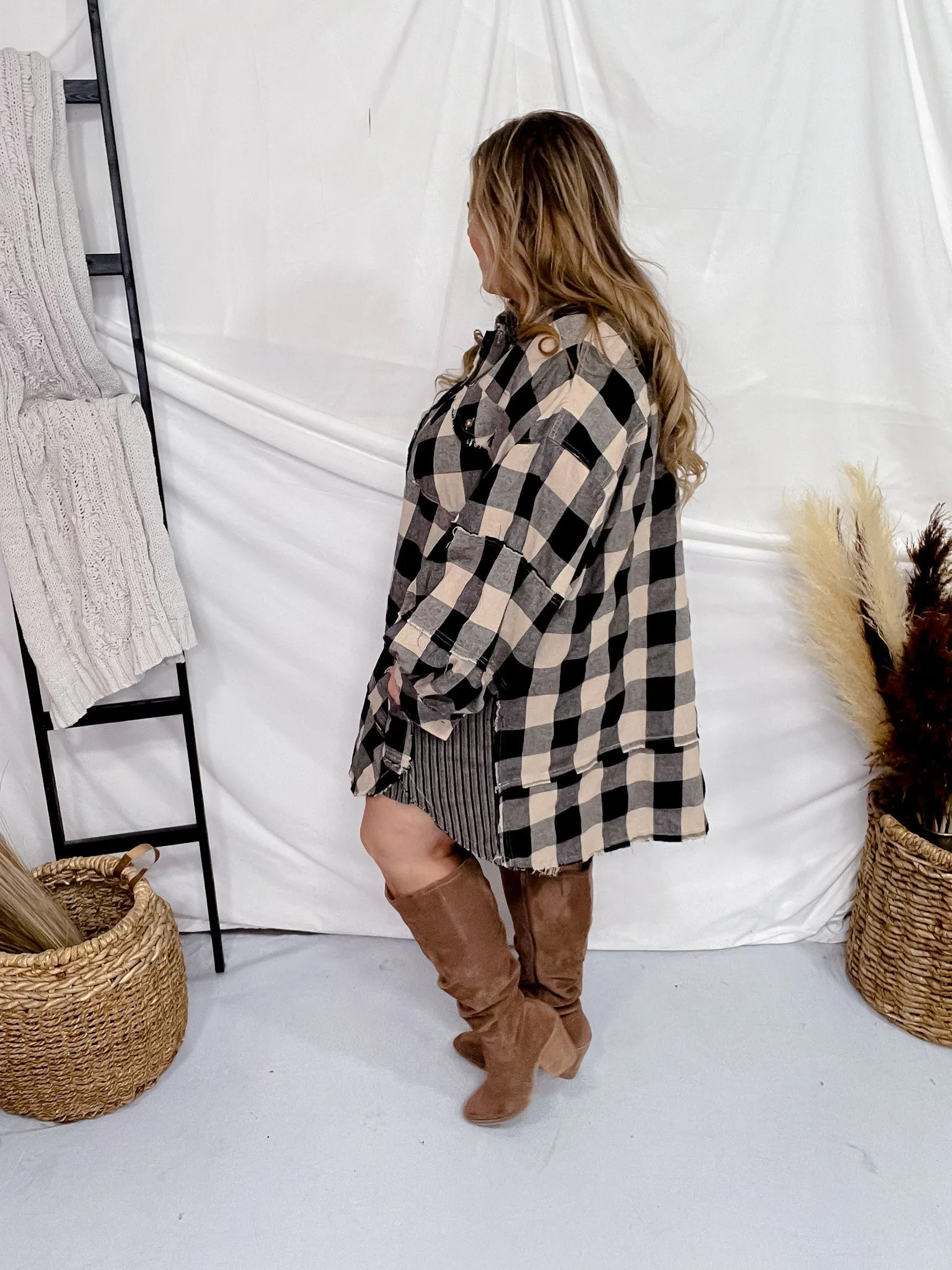 Black and Taupe Plaid Tunic Dress