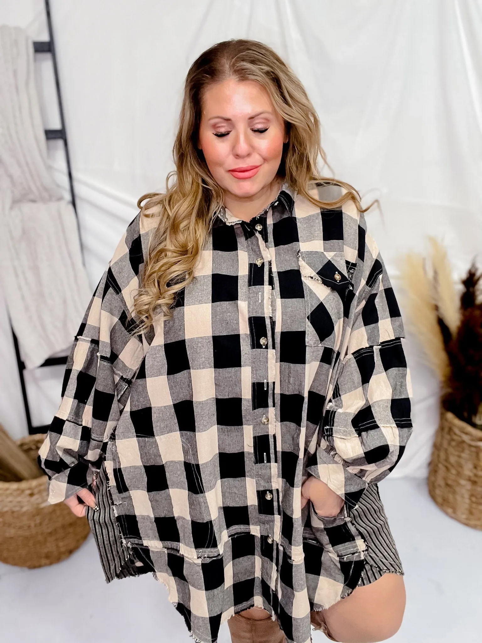 Black and Taupe Plaid Tunic Dress