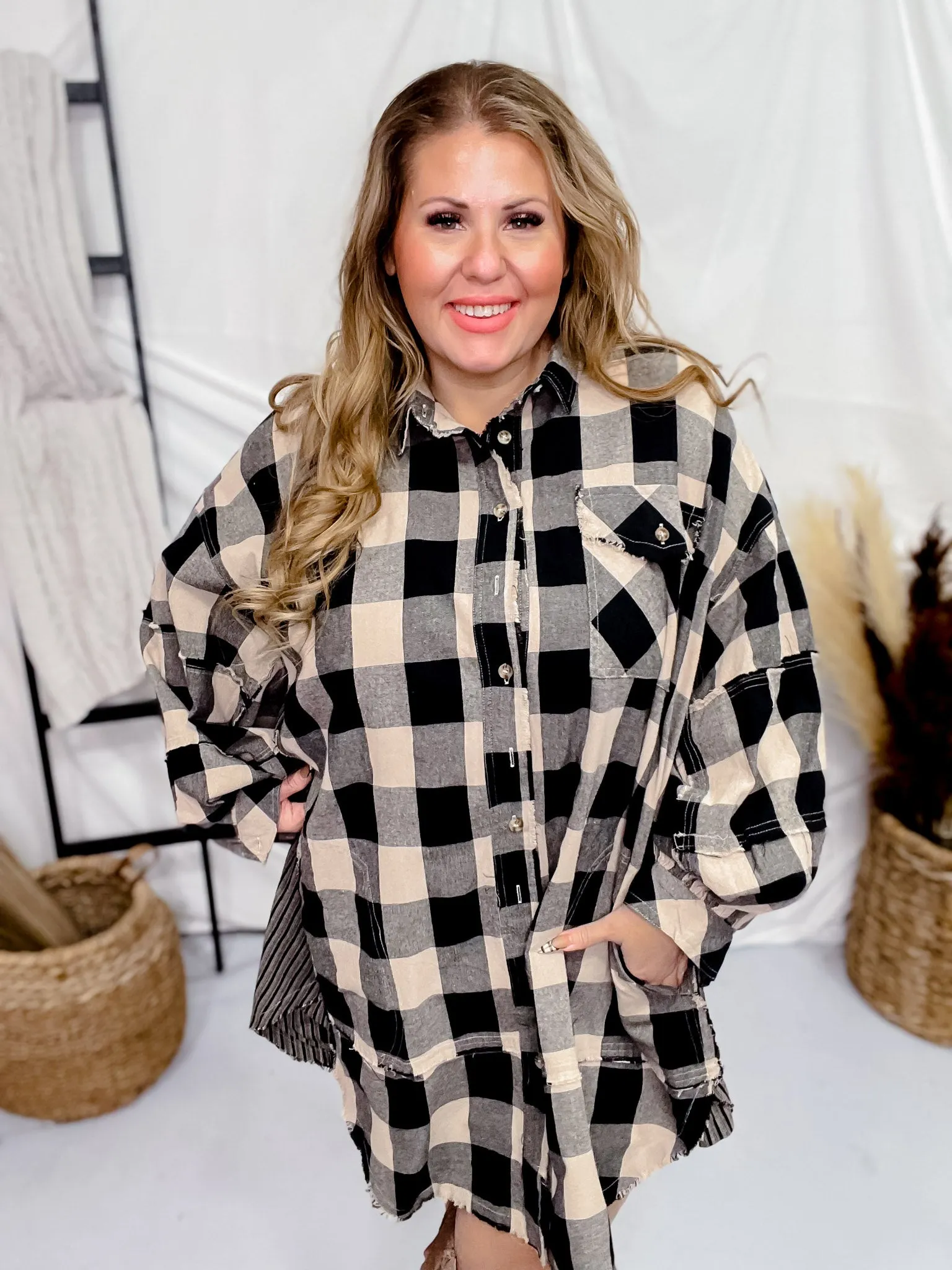 Black and Taupe Plaid Tunic Dress