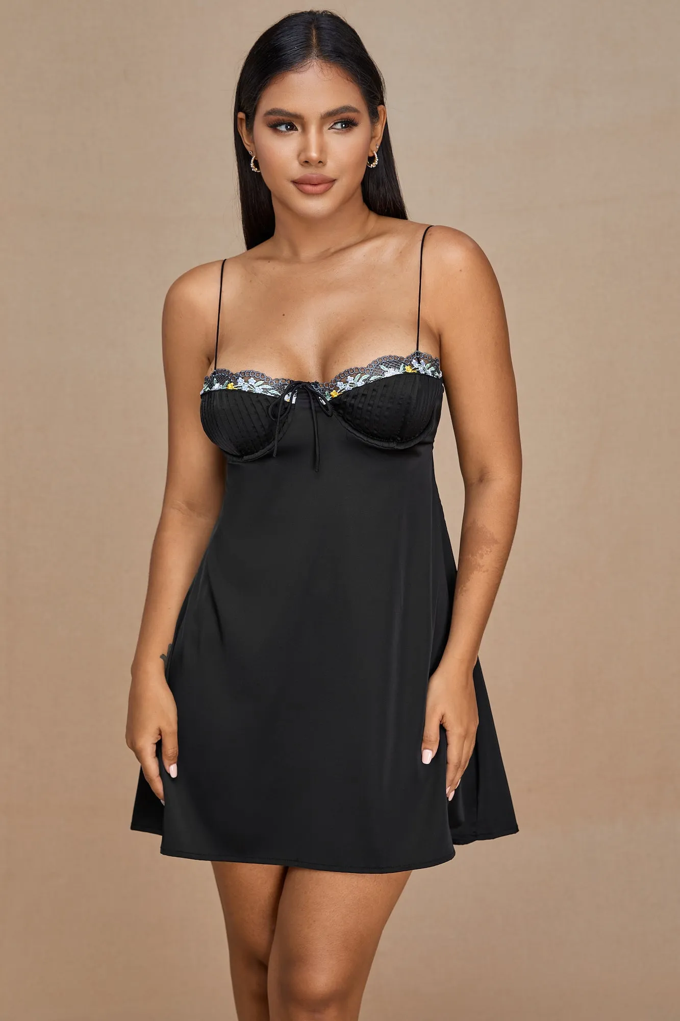 Black Slip Dress with Flower Trim