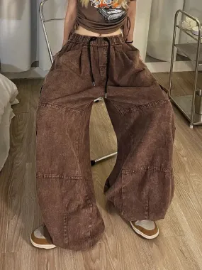 Bonnyshow Vintage Brown Cargo Pants for Women Korean Style Kip Pop Wide Leg Trousers Pockets Oversized Streetwear Female Fashion