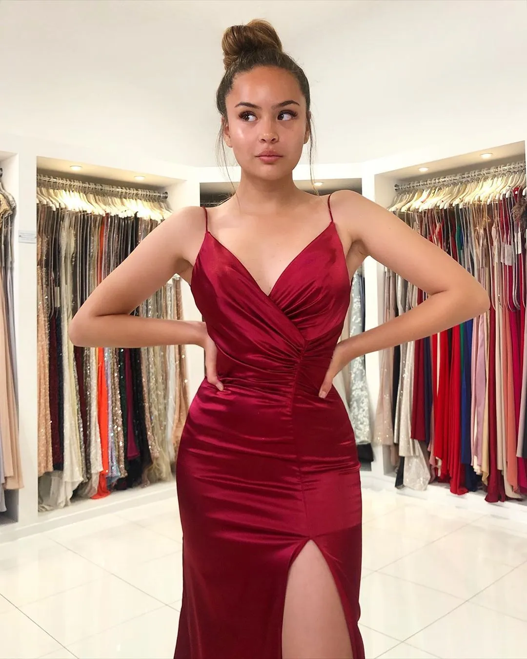 Burgundy Mermaid V-neck Backless Long Prom Dress With Slit