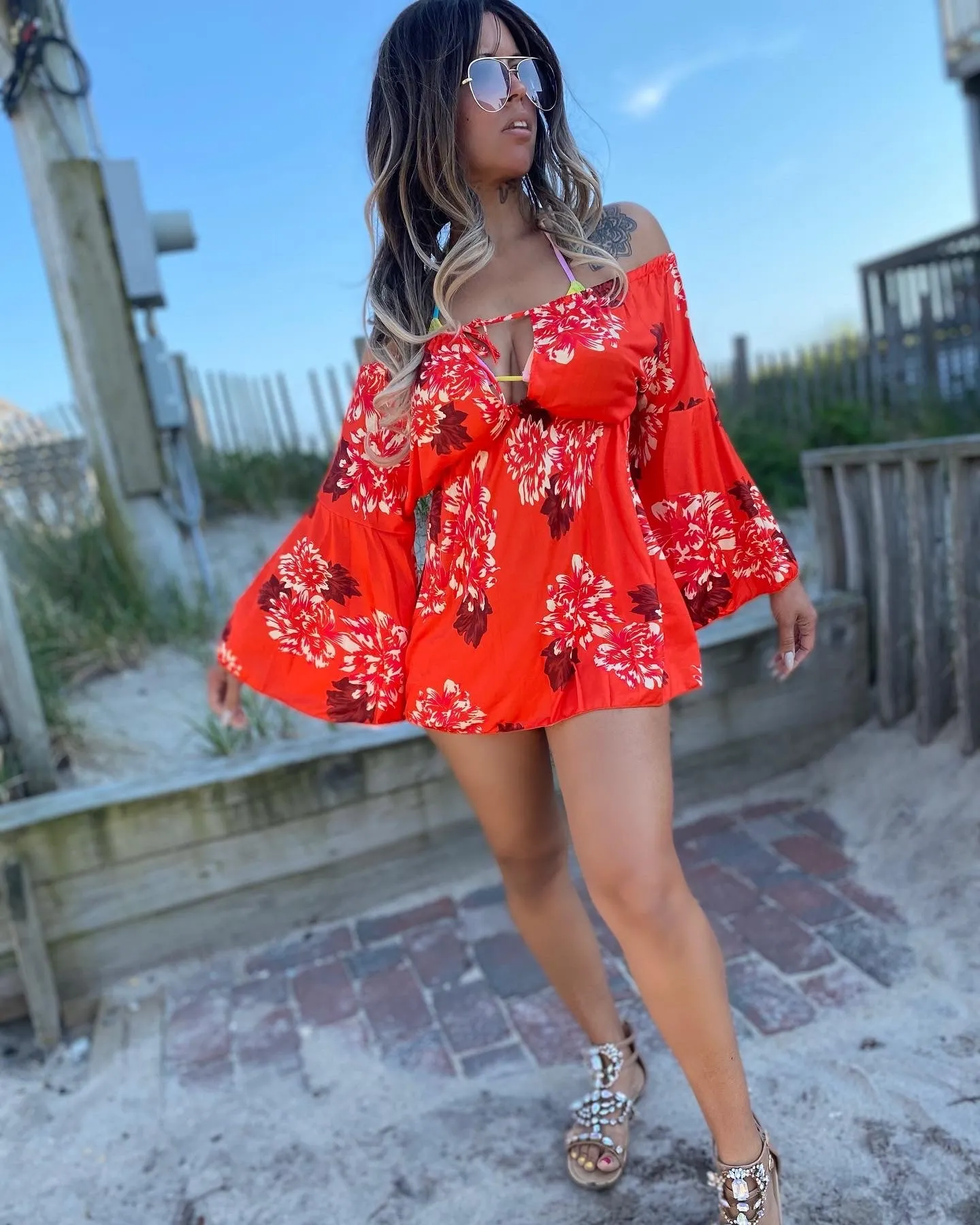 Call Me Senorita Orange Minidress Tunic Floral Beach Coverup