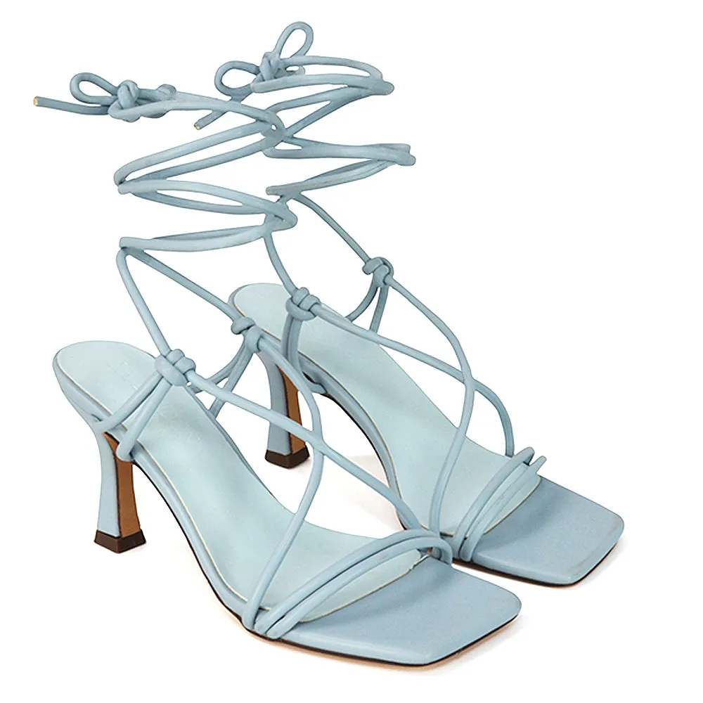 Callie Lace Up Square Toe Mid High Heel Sandals in Blue Synthetic Leather