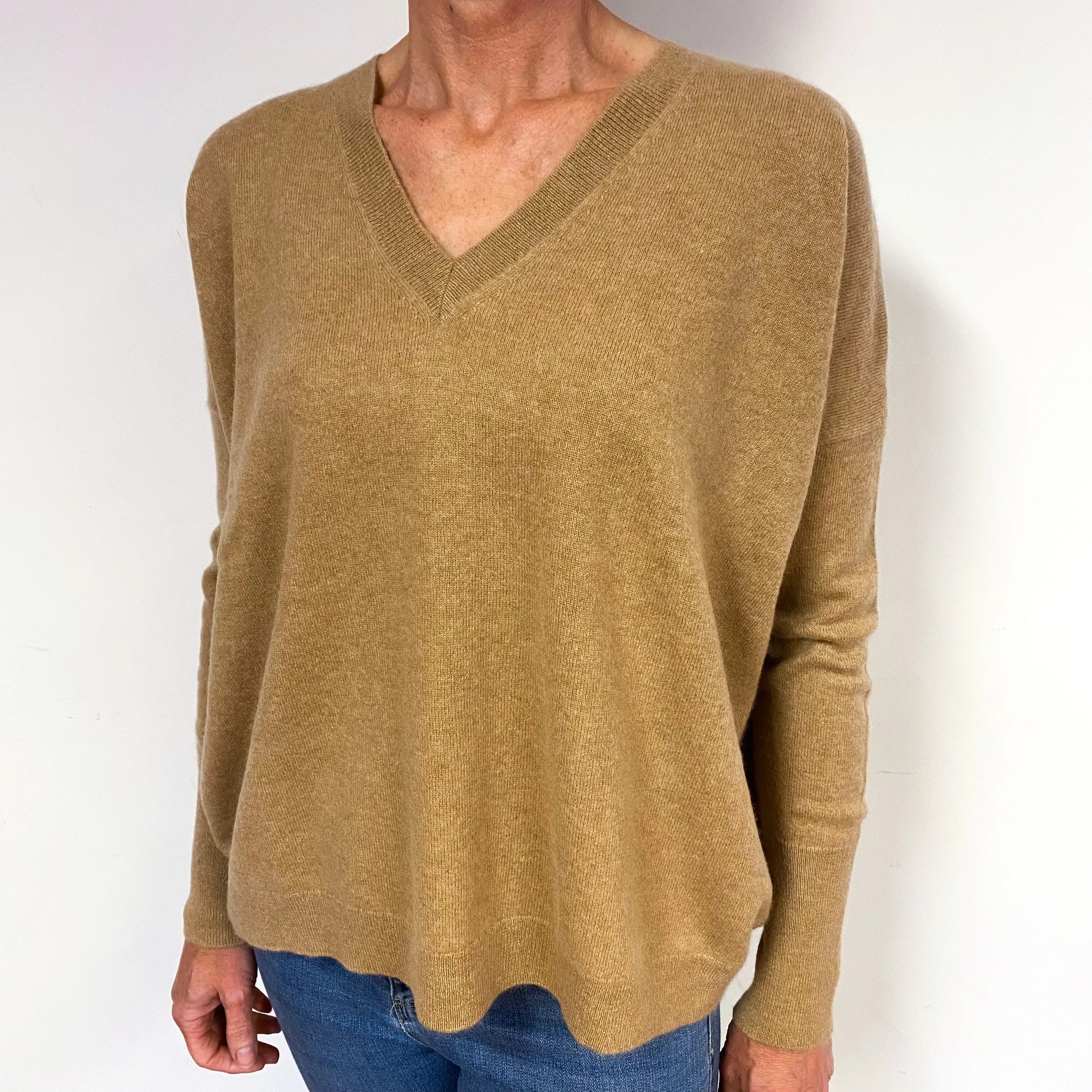 Caramel Brown Slouchy Cashmere V-Neck Jumper Medium