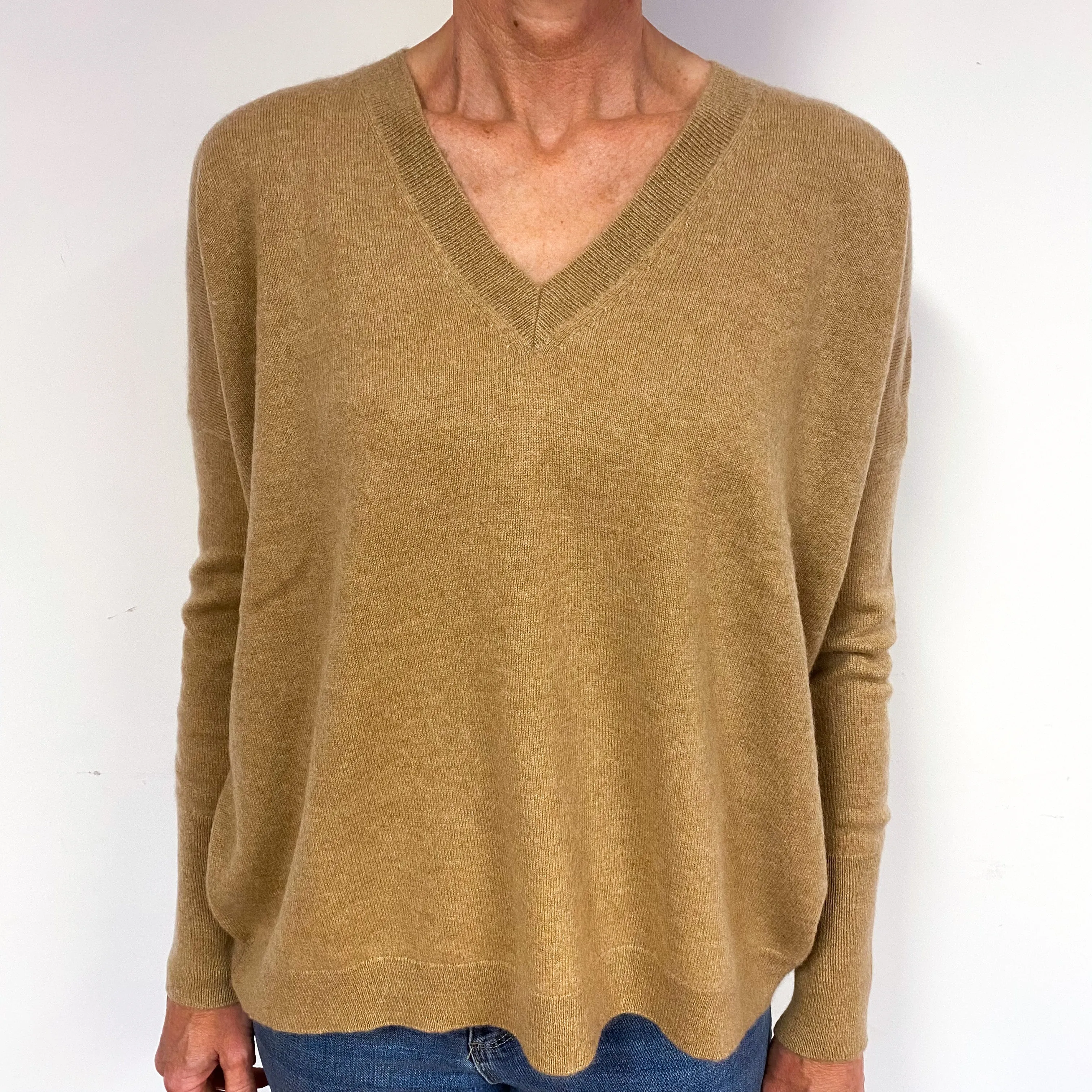 Caramel Brown Slouchy Cashmere V-Neck Jumper Medium