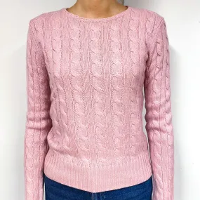 Carnation Pink Cable Cashmere Crew Neck Jumper Extra Small