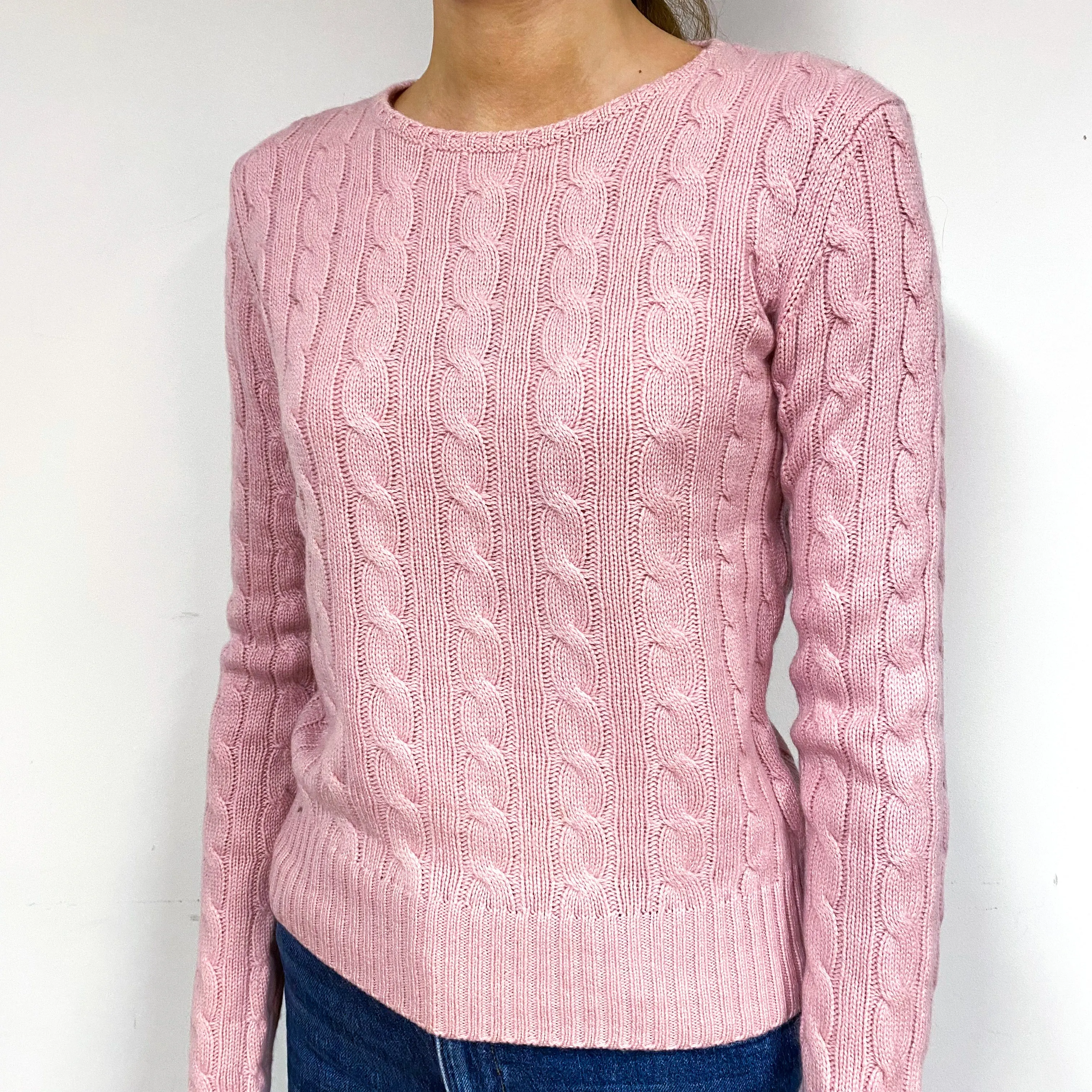 Carnation Pink Cable Cashmere Crew Neck Jumper Extra Small