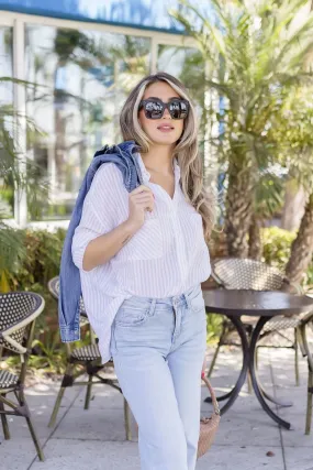 Chandler Long Sleeve Stripe Print Button Down Top Beige