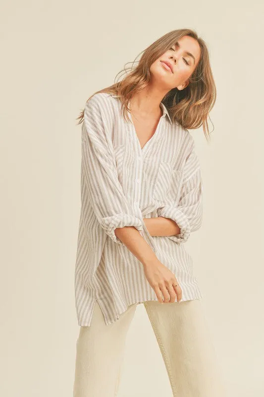 Chandler Long Sleeve Stripe Print Button Down Top Beige