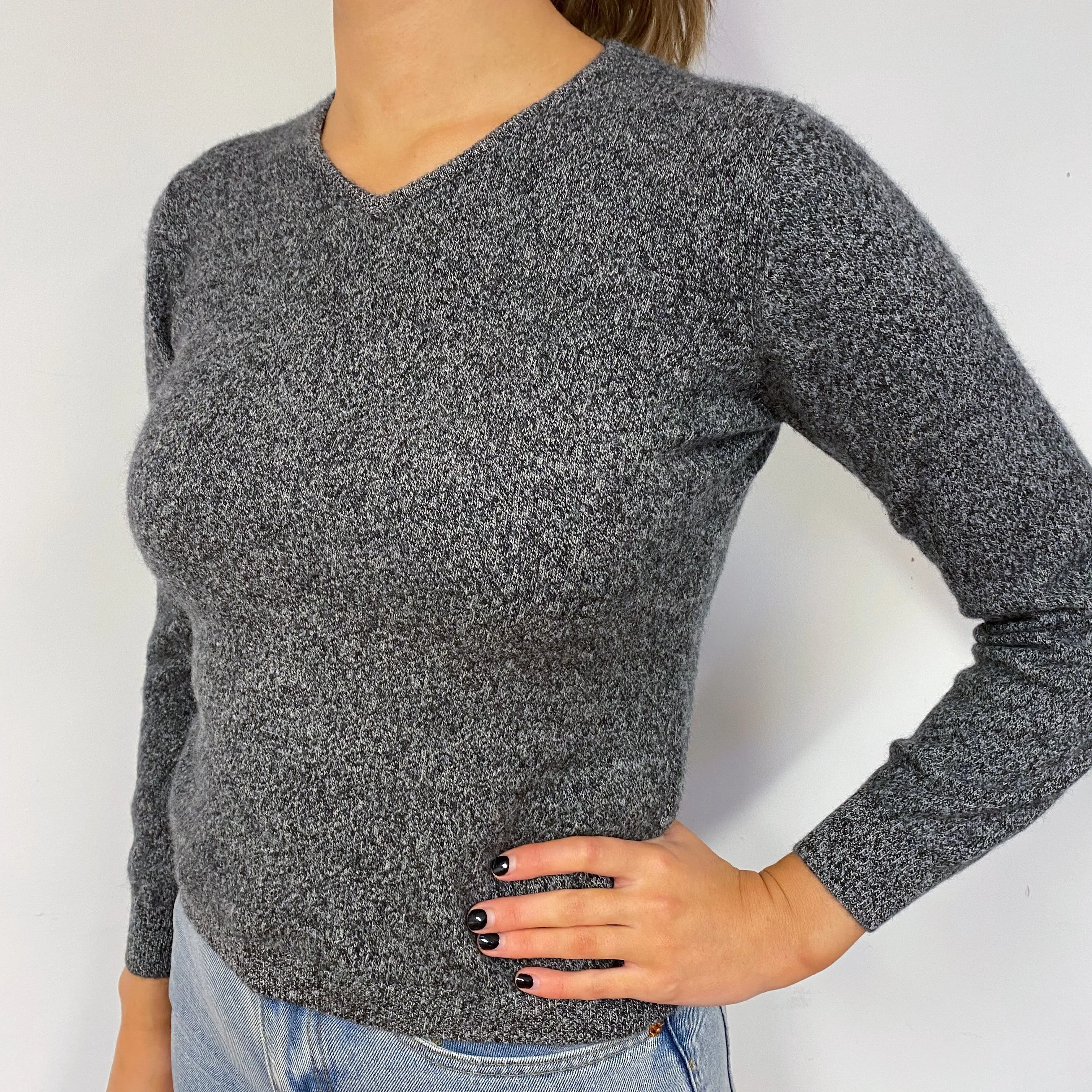 Charcoal Grey Marl Cashmere V-Neck Jumper Small